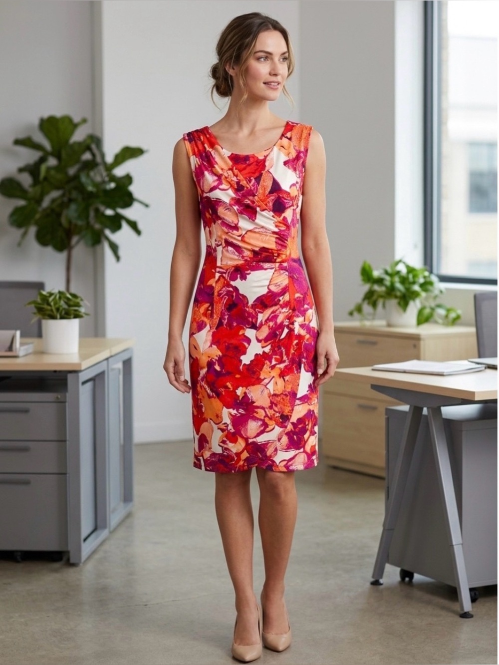 Dana Buchman Red Floral Midi Sheath Dress M‎ Shirred Bodycon